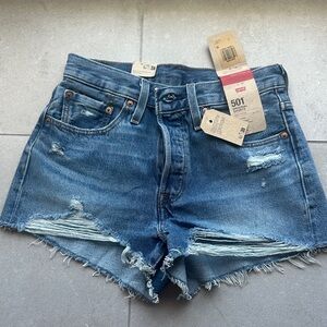 Levi's Blue Distressed High-Rise Denim Shorts